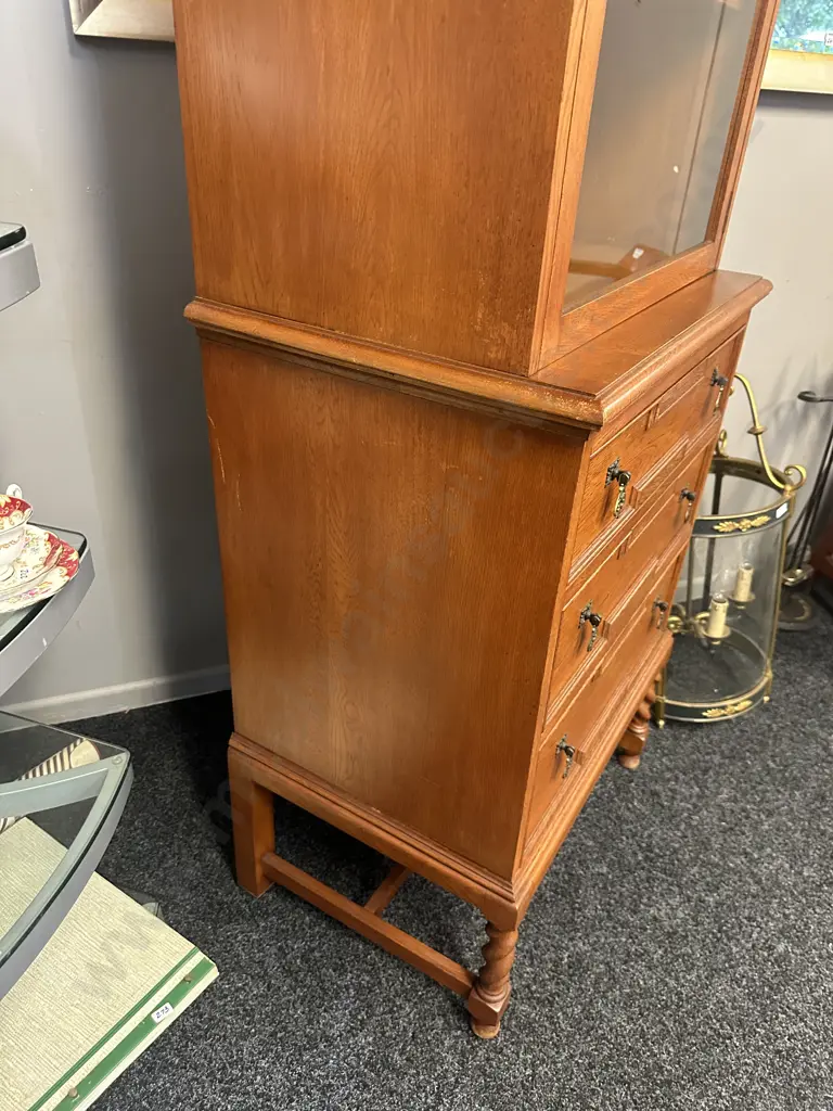 Oak Barley Twist Display Cabinet, Single Glass Door With Key, 3 Drawers On A Stretcher Base. H169 W66 D46cm Image 1++