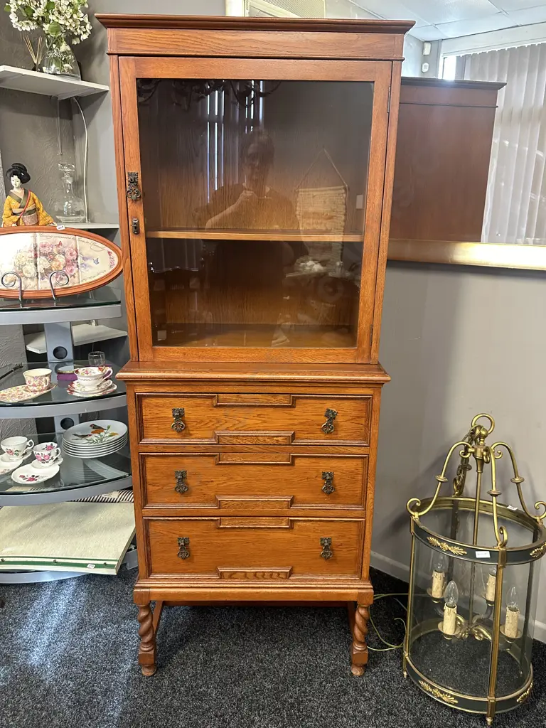 Oak Barley Twist Display Cabinet, Single Glass Door With Key, 3 Drawers On A Stretcher Base. H169 W66 D46cm Image 1++