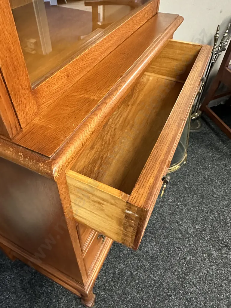 Oak Barley Twist Display Cabinet, Single Glass Door With Key, 3 Drawers On A Stretcher Base. H169 W66 D46cm Image 1++