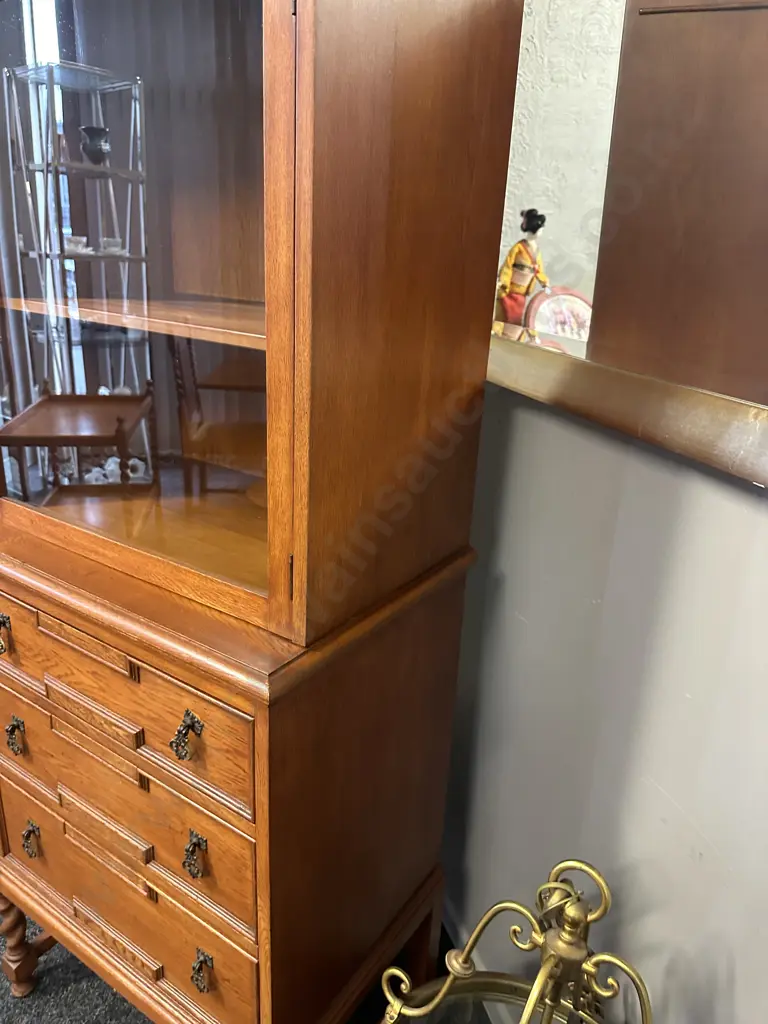Oak Barley Twist Display Cabinet, Single Glass Door With Key, 3 Drawers On A Stretcher Base. H169 W66 D46cm Image 1++