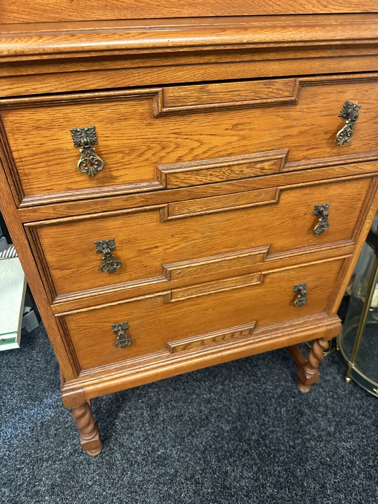 Oak Barley Twist Display Cabinet, Single Glass Door With Key, 3 Drawers On A Stretcher Base. H169 W66 D46cm Image 1++