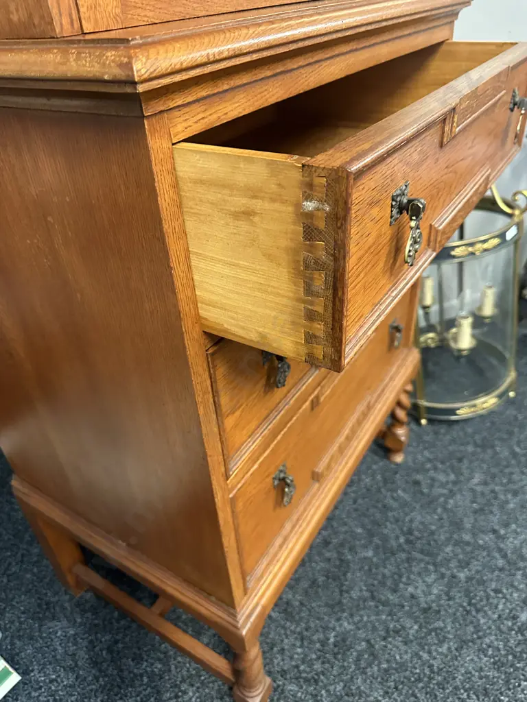 Oak Barley Twist Display Cabinet, Single Glass Door With Key, 3 Drawers On A Stretcher Base. H169 W66 D46cm Image 1++
