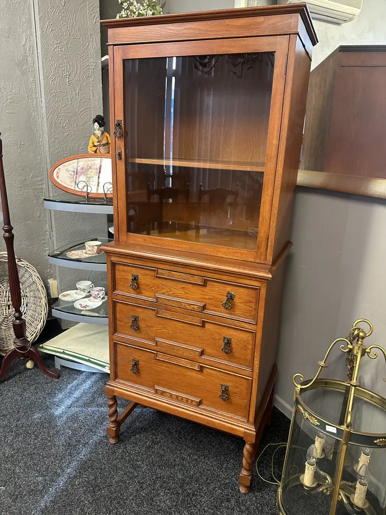 Oak Barley Twist Display Cabinet, Single Glass Door With Key, 3 Drawers On A Stretcher Base. H169 W66 D46cm Image 1++
