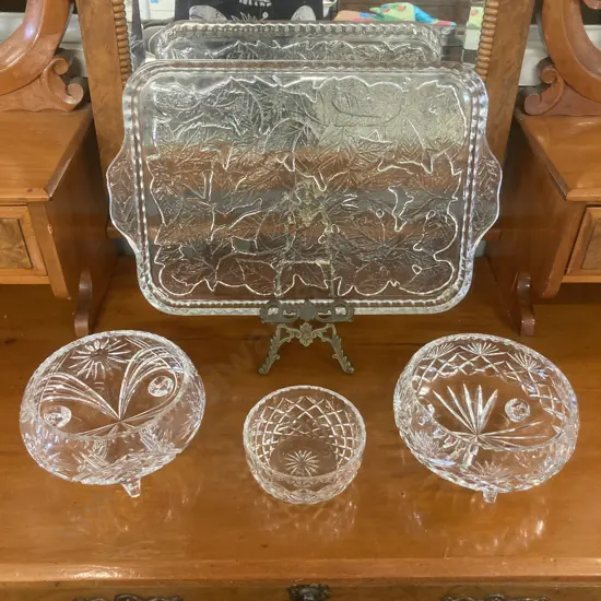 Vintage Lead Crystal Rectangular Serving Tray. 41 x 26.5cm, Footed Crystal Bowls & Crystal Dish