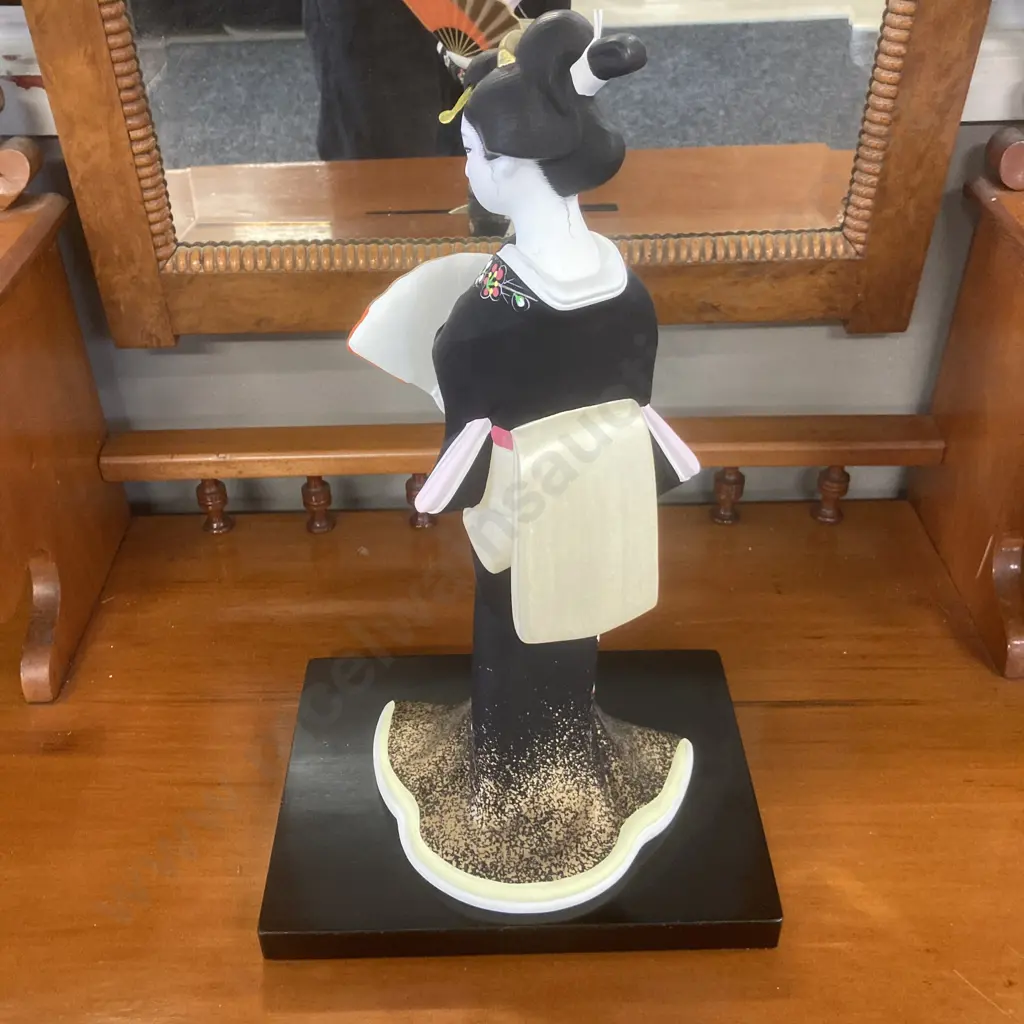 Vintage 36cm Japanese Geisha Ceramic Figurine Holding Fan, Black Wooden Stand Image 1++