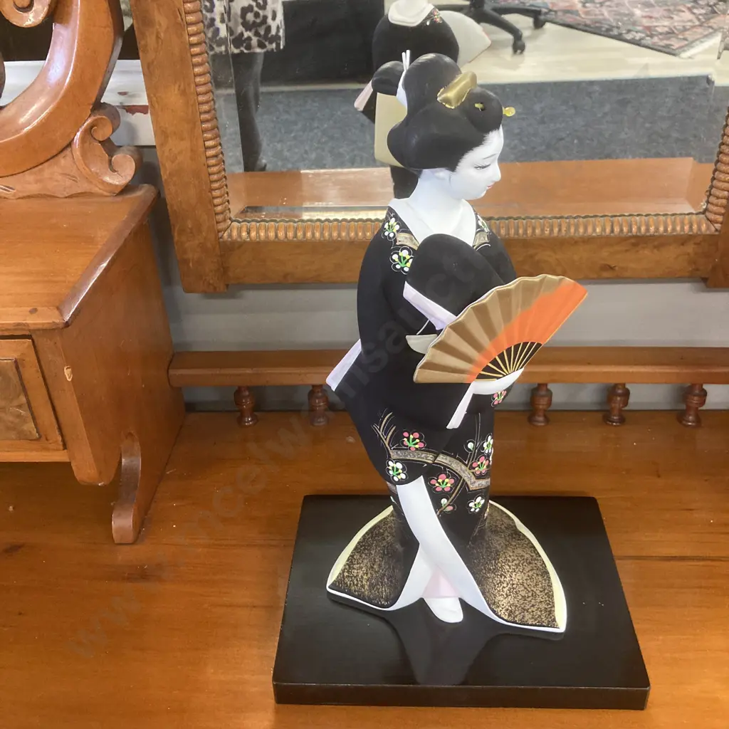 Vintage 36cm Japanese Geisha Ceramic Figurine Holding Fan, Black Wooden Stand Image 1++