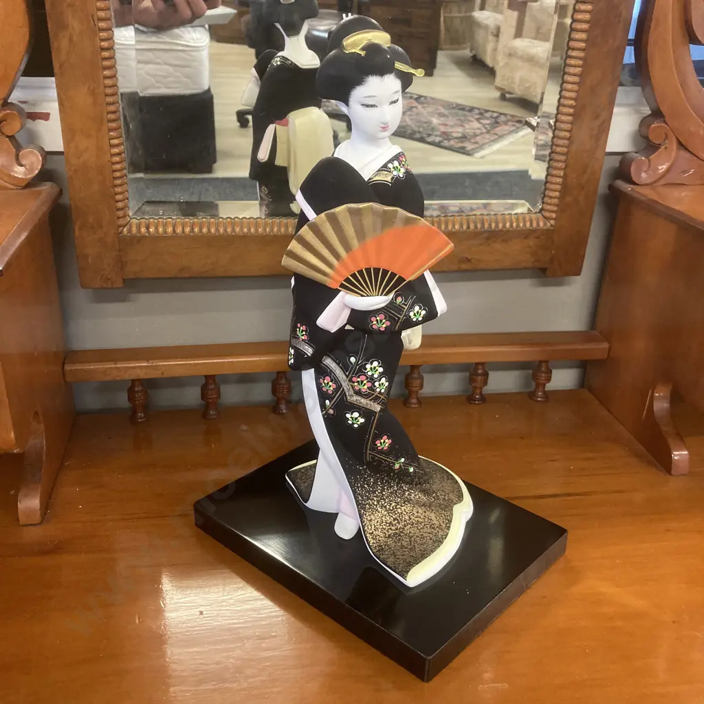 Vintage 36cm Japanese Geisha Ceramic Figurine Holding Fan, Black Wooden Stand Image 1++