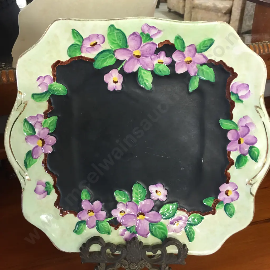 Vintage Maling Floral Majolica Decorative Green/Black With Violets Plate 25x23cm Image 1++