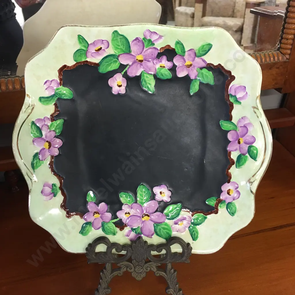 Vintage Maling Floral Majolica Decorative Green/Black With Violets Plate 25x23cm Image 1++
