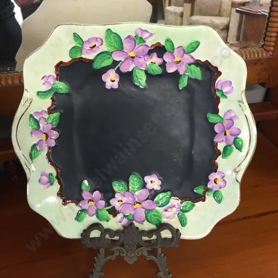 Vintage Maling Floral Majolica Decorative Green/Black With Violets Plate 25x23cm