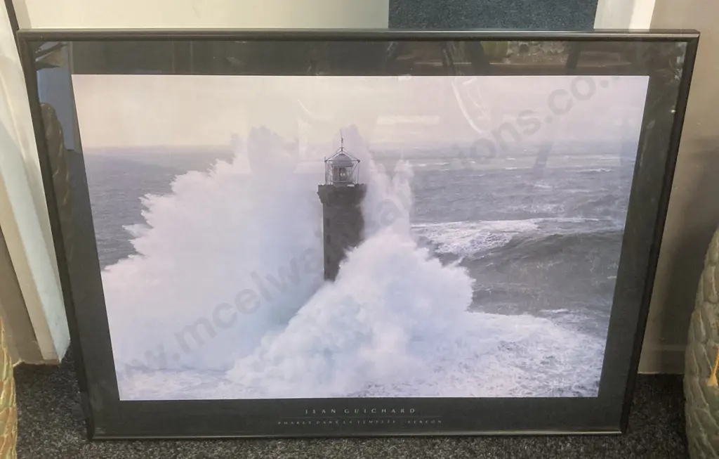Jean Guichards' "Phares Dans La Tempete - La Jument" (Lighthouses In The Storm ), Large Framed Glazed Poster. 60 x 80cm Image 1++