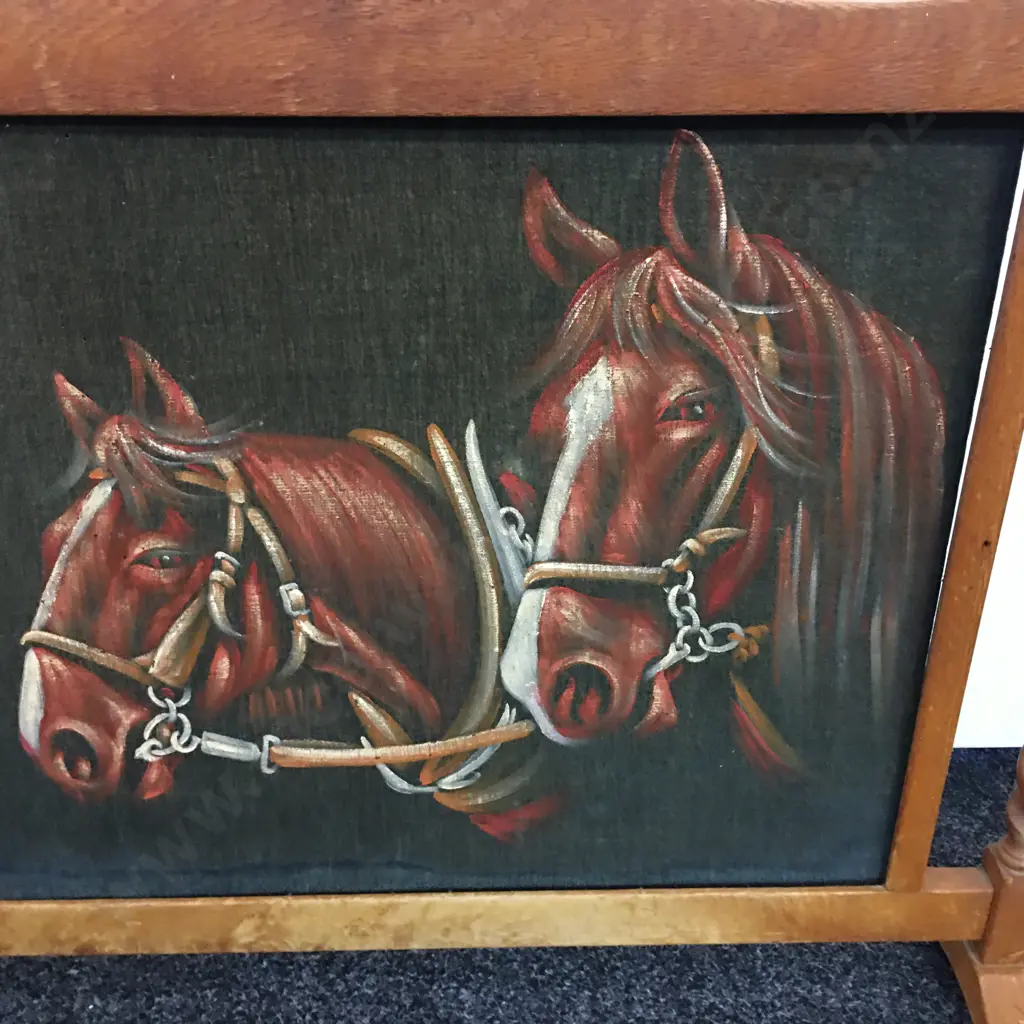 Antique Freestanding Oak Barley Twist Fire Screen Horse Scene H71cm,W110,D23cm. Image 1++
