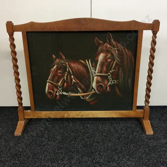 Antique Freestanding Oak Barley Twist Fire Screen Horse Scene H71cm,W110,D23cm.
