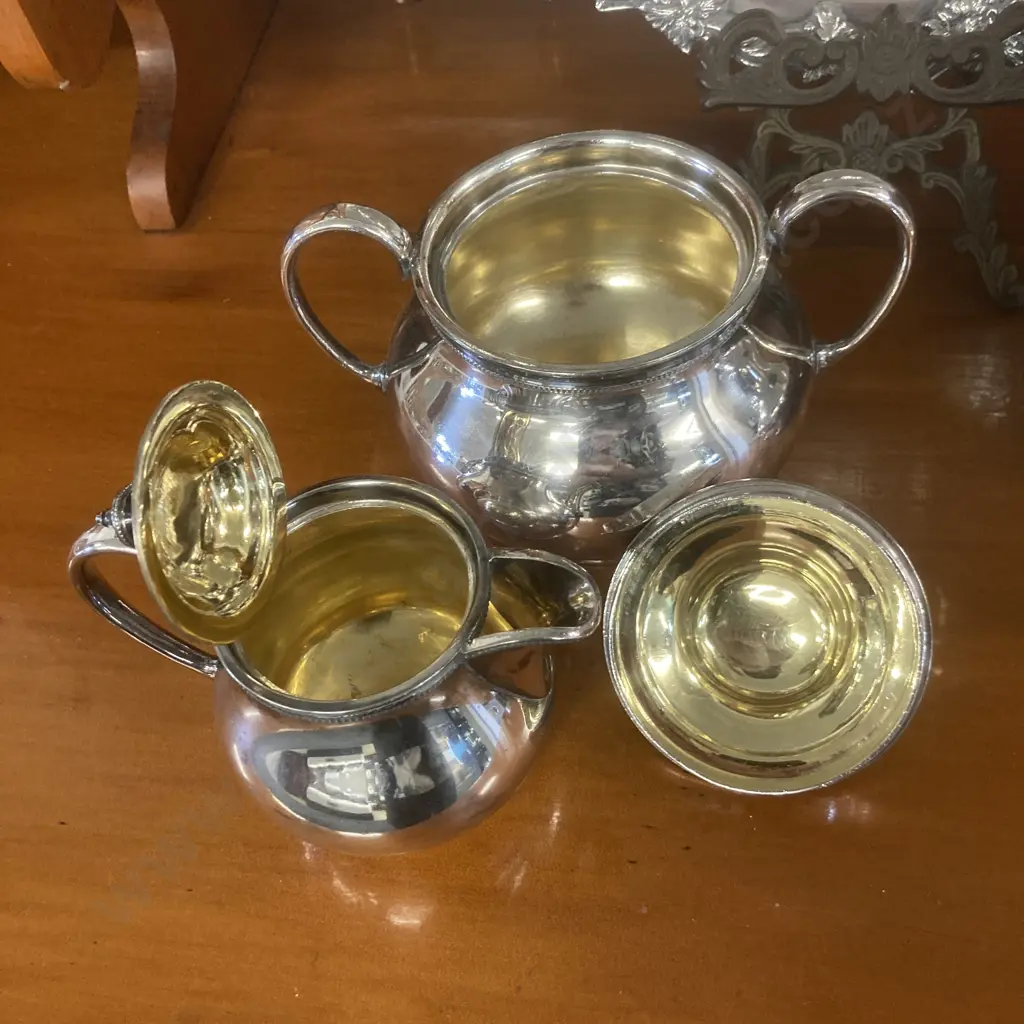 James Dixon & Sons 2469, Victorian Silver Plate on Britannic Metal Teapot & Sugar Bowl With Gold Gilt Washed Interiors Image 1++