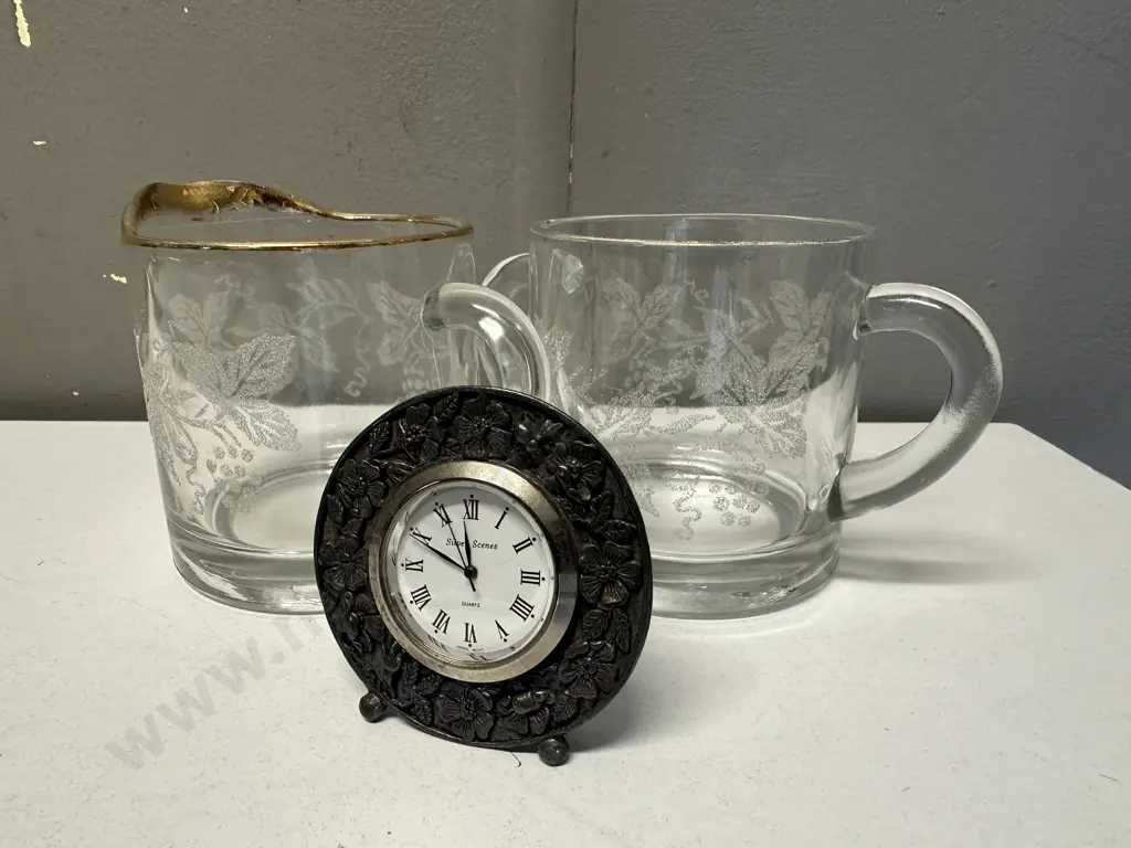 Vintage Bartlett Collins Gold Rim Etched Creamer, Sugar Bowl & Quartz Silver Scenes Clock Made In Wales Image 1++