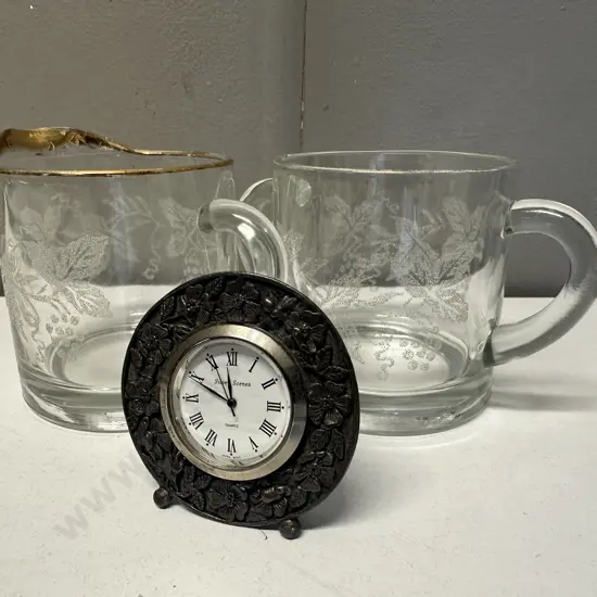 Vintage Bartlett Collins Gold Rim Etched Creamer, Sugar Bowl & Quartz Silver Scenes Clock Made In Wales