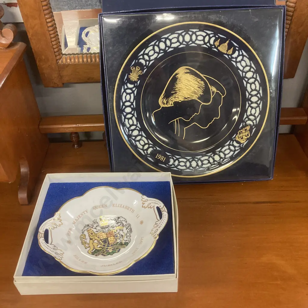 Queen Elizabeth Silver Jubilee Dish 1977 Coalport &1981 Charles & Diana Wedding Plate by Bing & Grondahl Denmark, Boxed Image 1++