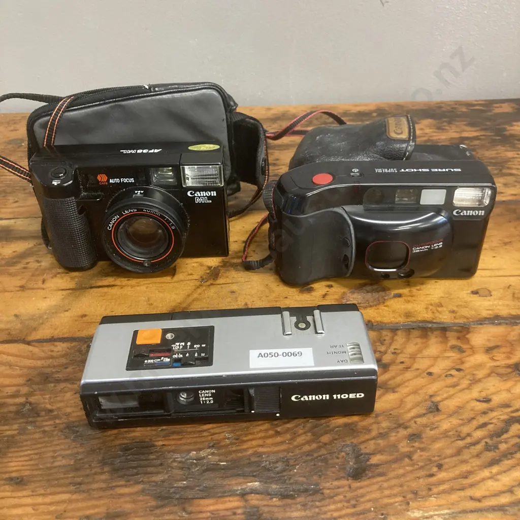 Canon Film Cameras, AF35ML - 40mm f/1.9 Lens, Sure Shot Supreme - 38mm f/2.8 Lens, 110ED - 26mm f/2 Lens, From JAPAN Image 1++