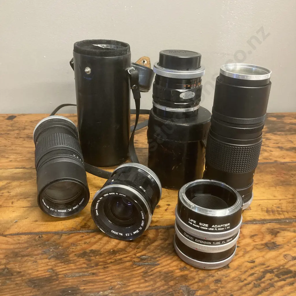 Canon FL Camera Lenses x 4 - 35mm f/2.5, 35mm f/2.5 With Case, 200mm f/4.5, 200mm f/4.5 With Case, Extn Tube 15m Image 1++