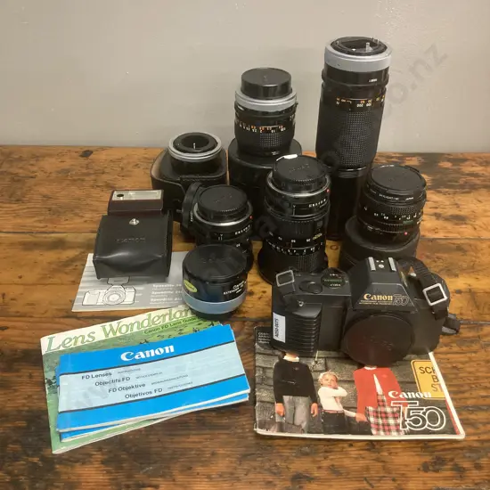 Canon T50 SLR Camera #2410225, FD Lenses - Zoom 35-105mm f/3.5, 24mm f/2.8,300mm f/5.6, 50mm f/1.8, 35-70mm f/3.5-4.5
