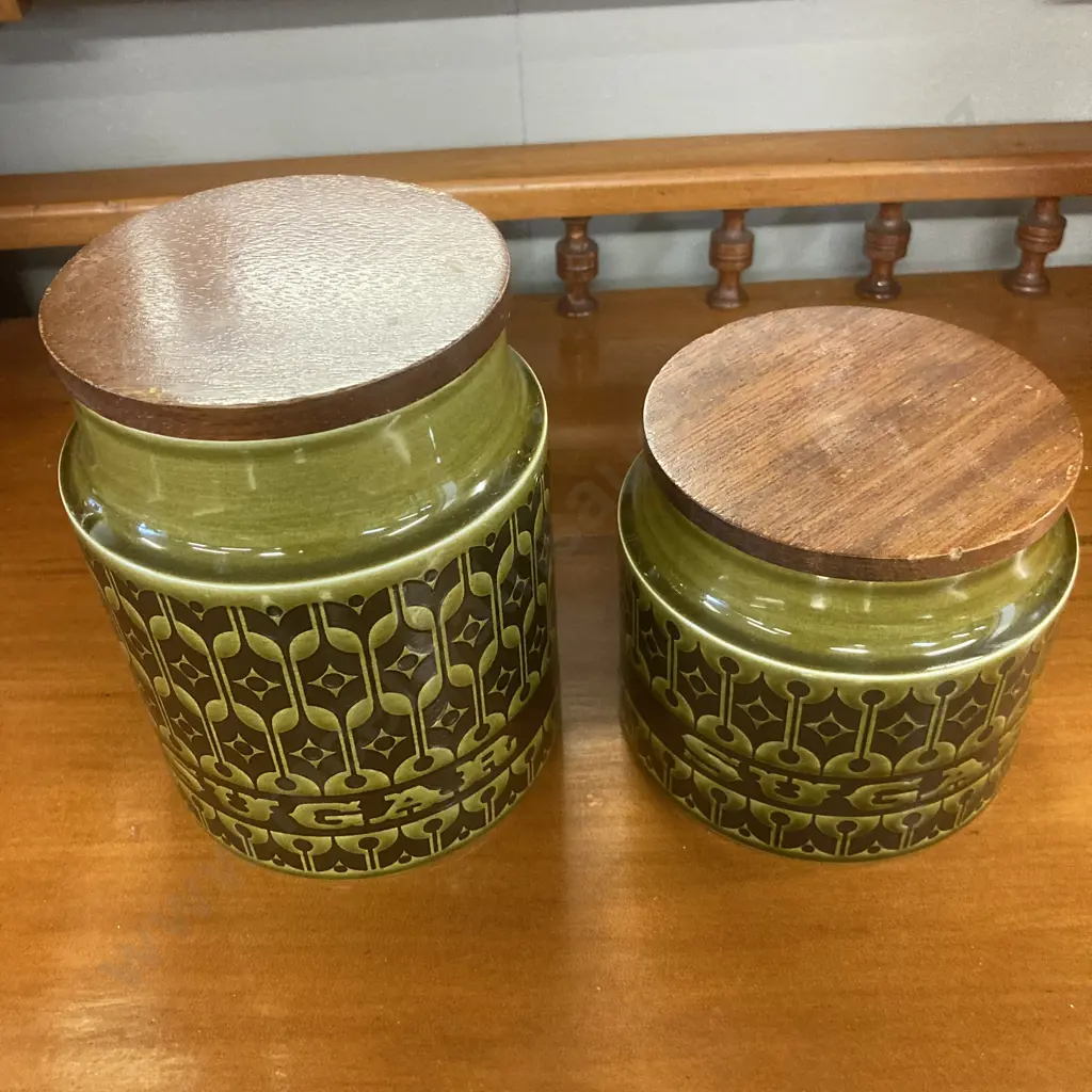 Retro Hornsea Pottery Heirloom Green Glaze Sugar Storage Jars With Wooden Lids, England 1975. 15 & 11cm Image 1++