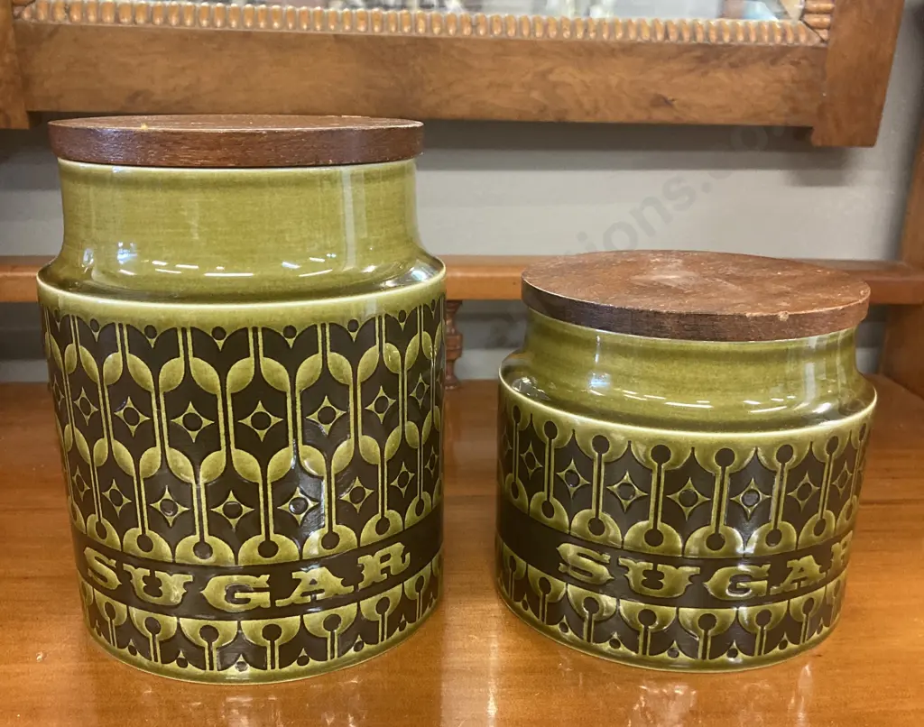 Retro Hornsea Pottery Heirloom Green Glaze Sugar Storage Jars With Wooden Lids, England 1975. 15 & 11cm Image 1++