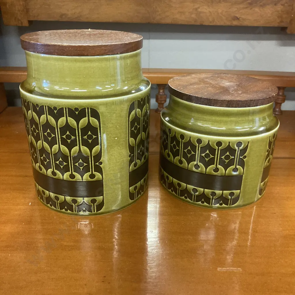 Retro Hornsea Pottery Heirloom Green Glaze Sugar Storage Jars With Wooden Lids, England 1975. 15 & 11cm Image 1++