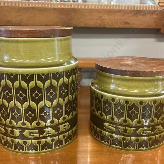 Retro Hornsea Pottery Heirloom Green Glaze Sugar Storage Jars With Wooden Lids, England 1975. 15 & 11cm