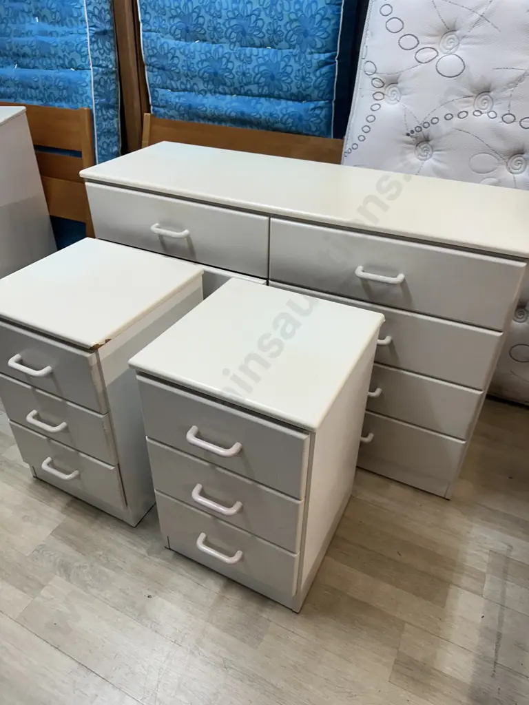 White Bedroom Suite - 8 Drawer Lowboy & Pair of 3 Drawer Bedsides Image 1++