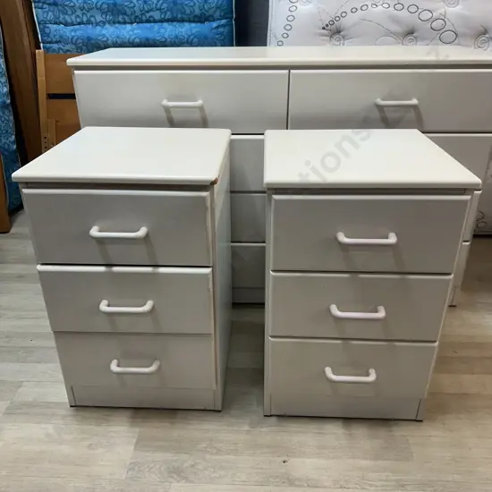 White Bedroom Suite - 8 Drawer Lowboy & Pair of 3 Drawer Bedsides