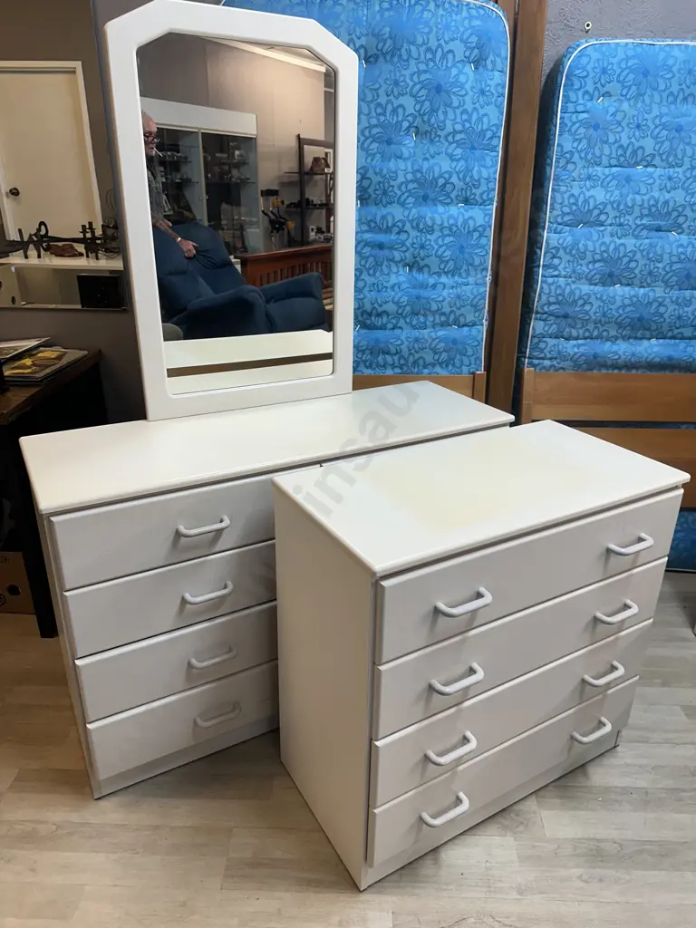 White Bedroom Suite - 8 Drawer Dressing table With Mirror & 4 Drawer Chest Of Drawers Image 1++