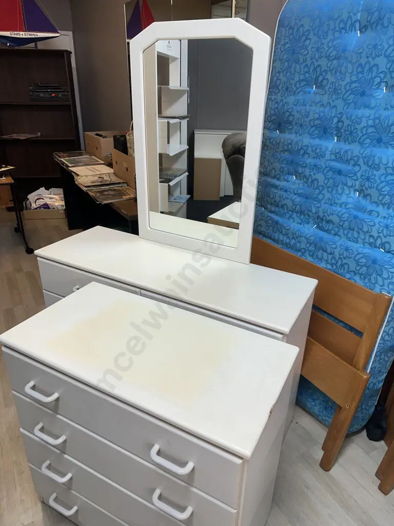 White Bedroom Suite - 8 Drawer Dressing table With Mirror & 4 Drawer Chest Of Drawers Image 1++