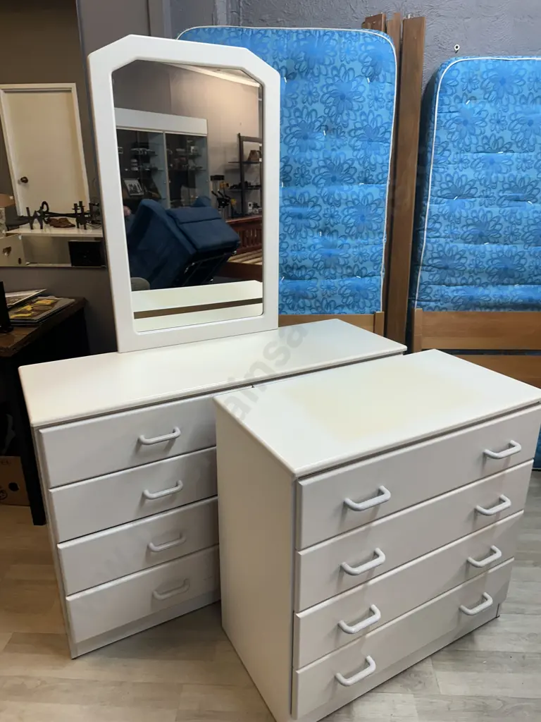 White Bedroom Suite - 8 Drawer Dressing table With Mirror & 4 Drawer Chest Of Drawers Image 1++