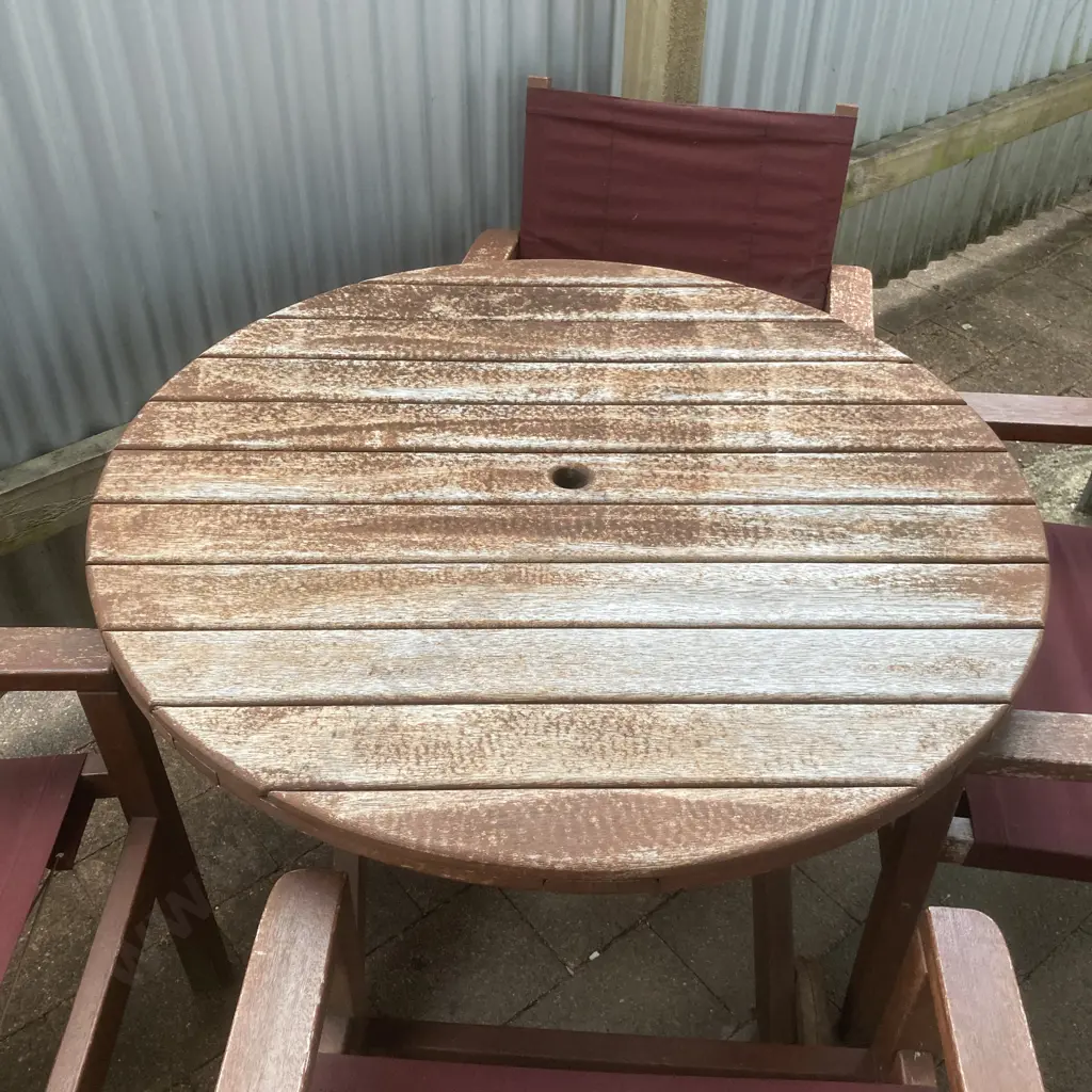 Devon Outdoor 1m Round Table (2 Wooden Wheels ) With Four Burgundy Canvas & Wooden Armed Chairs Image 1++
