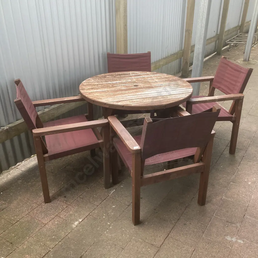 Devon Outdoor 1m Round Table (2 Wooden Wheels ) With Four Burgundy Canvas & Wooden Armed Chairs Image 1++