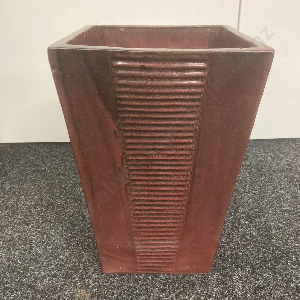 Burgundy & Black Glazed Terracotta Planter With Raised Rib Pattern. 44 x 29cm Image 1++