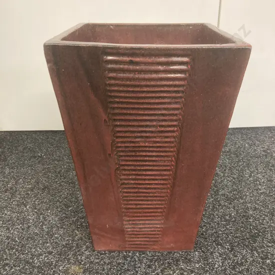 Burgundy & Black Glazed Terracotta Planter With Raised Rib Pattern. 44 x 29cm