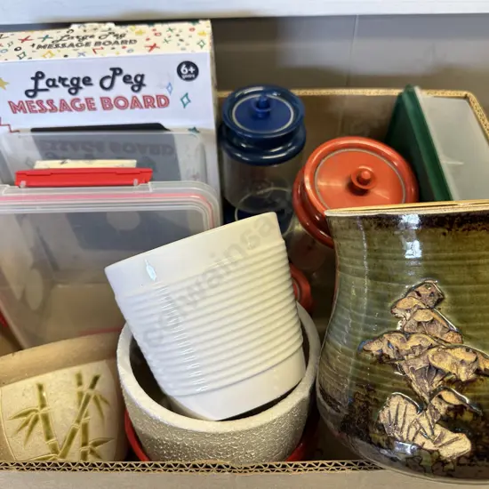 Assorted Planter Pots, Message Board & Plasticware