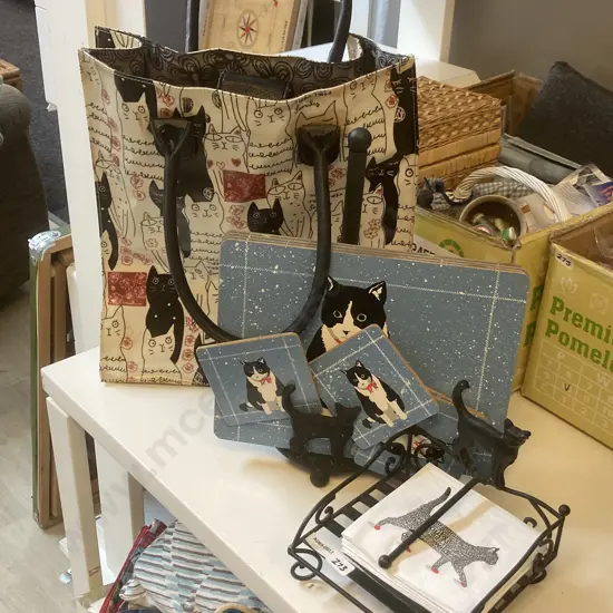 Selection of Cat Items Including Vintage Cosgrove & Beasley Australia Bag, Serviette & Paper Towel Holders Etc