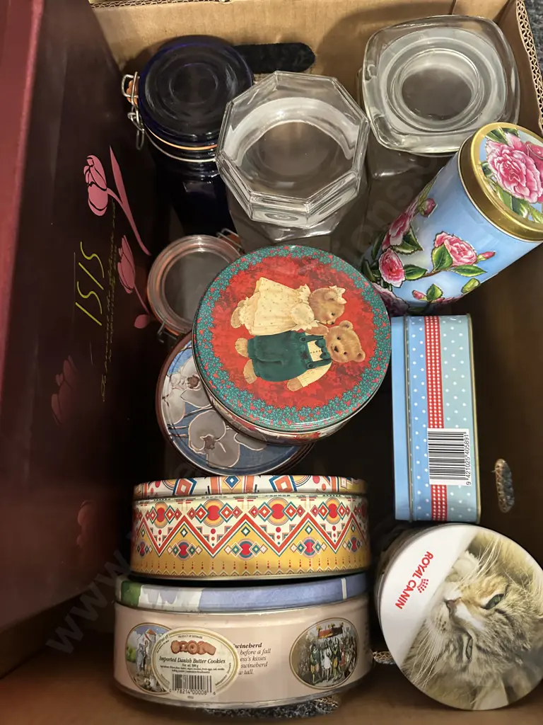 Assorted Tins & Glass Storage Jars(Not Saleable Donated) Image 1++