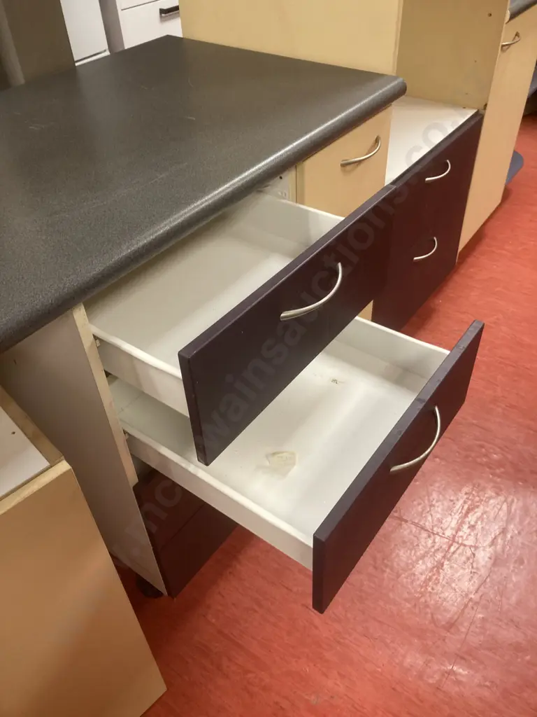 Kitchen Units x 4 - Grey / Black Melteca Top, Yellow, Blue & Purple Tones, Adjustable Feet, Curved Silver Handles Image 1++