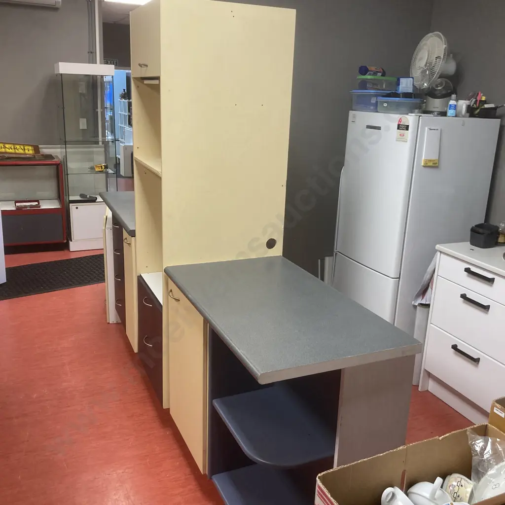 Kitchen Units x 4 - Grey / Black Melteca Top, Yellow, Blue & Purple Tones, Adjustable Feet, Curved Silver Handles Image 1++