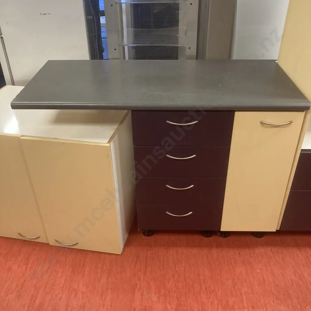 Kitchen Units x 4 - Grey / Black Melteca Top, Yellow, Blue & Purple Tones, Adjustable Feet, Curved Silver Handles Image 1++
