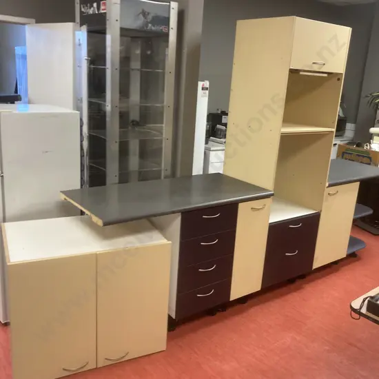 Kitchen Units x 4 - Grey / Black Melteca Top, Yellow, Blue & Purple Tones, Adjustable Feet, Curved Silver Handles