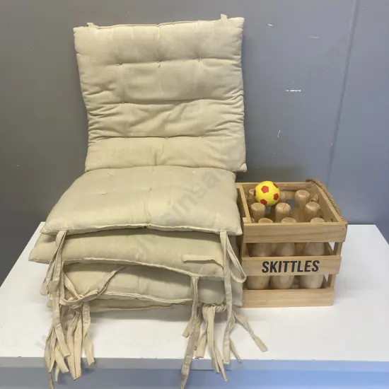 Wooden Skittles Set & Set of 8 Chair Squabs (37 x 42cm)