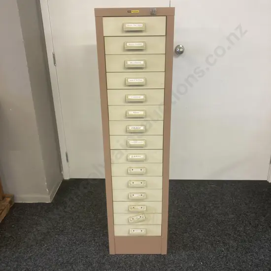 Vintage Brown Steel AHI Precision Multi 15 Drawer With Key. H132 W33 D38cm