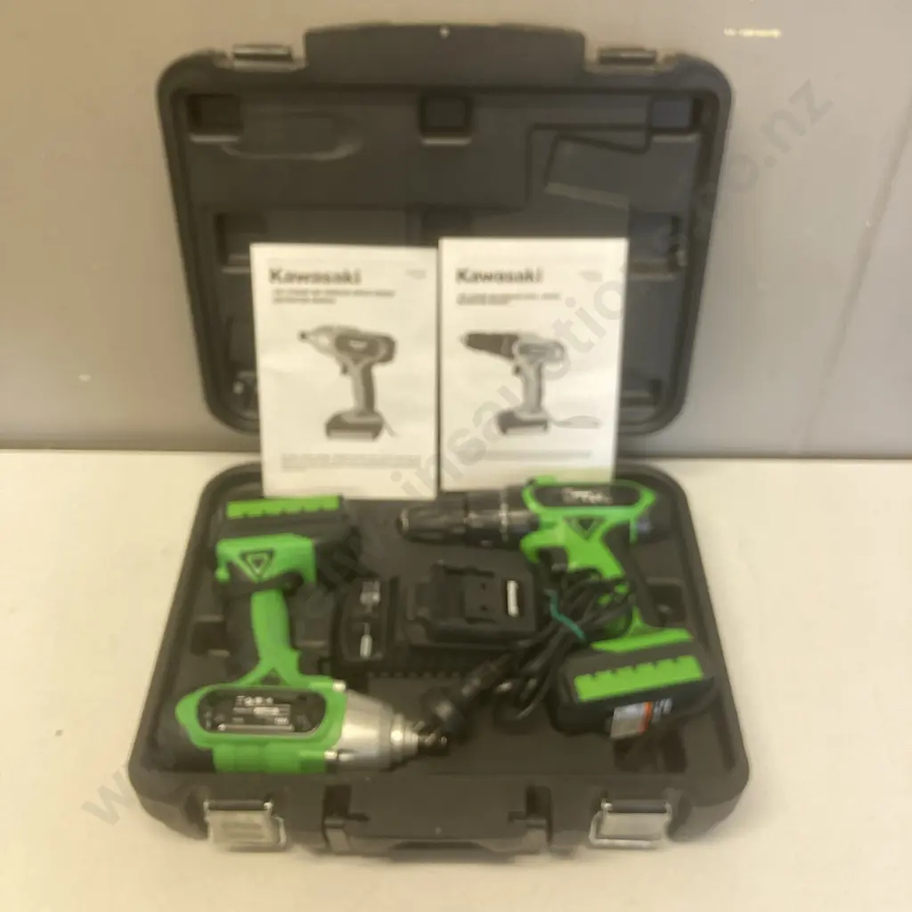 Kawasaki 18V Cordless Drill / Driver, Impact Driver, 2 x 1300mAh Batteries & Charger In Case (Charger Not Working) Image 1++