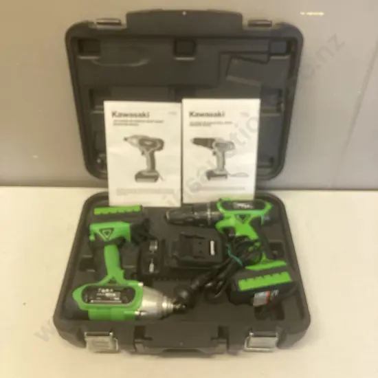 Kawasaki 18V Cordless Drill / Driver, Impact Driver, 2 x 1300mAh Batteries & Charger In Case (Charger Not Working)