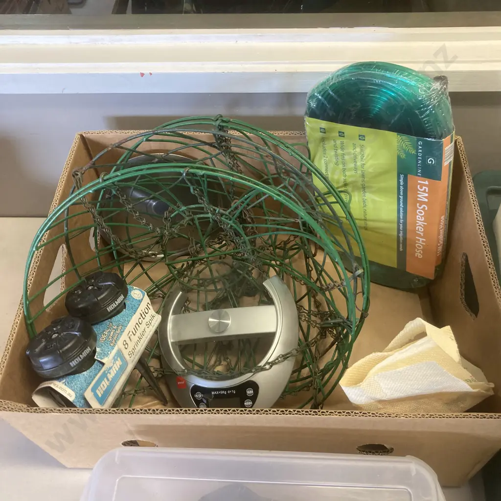 Box Lot - Scales, Gardening Stuff, 3 x Lidded Plastic Bins Image 1++