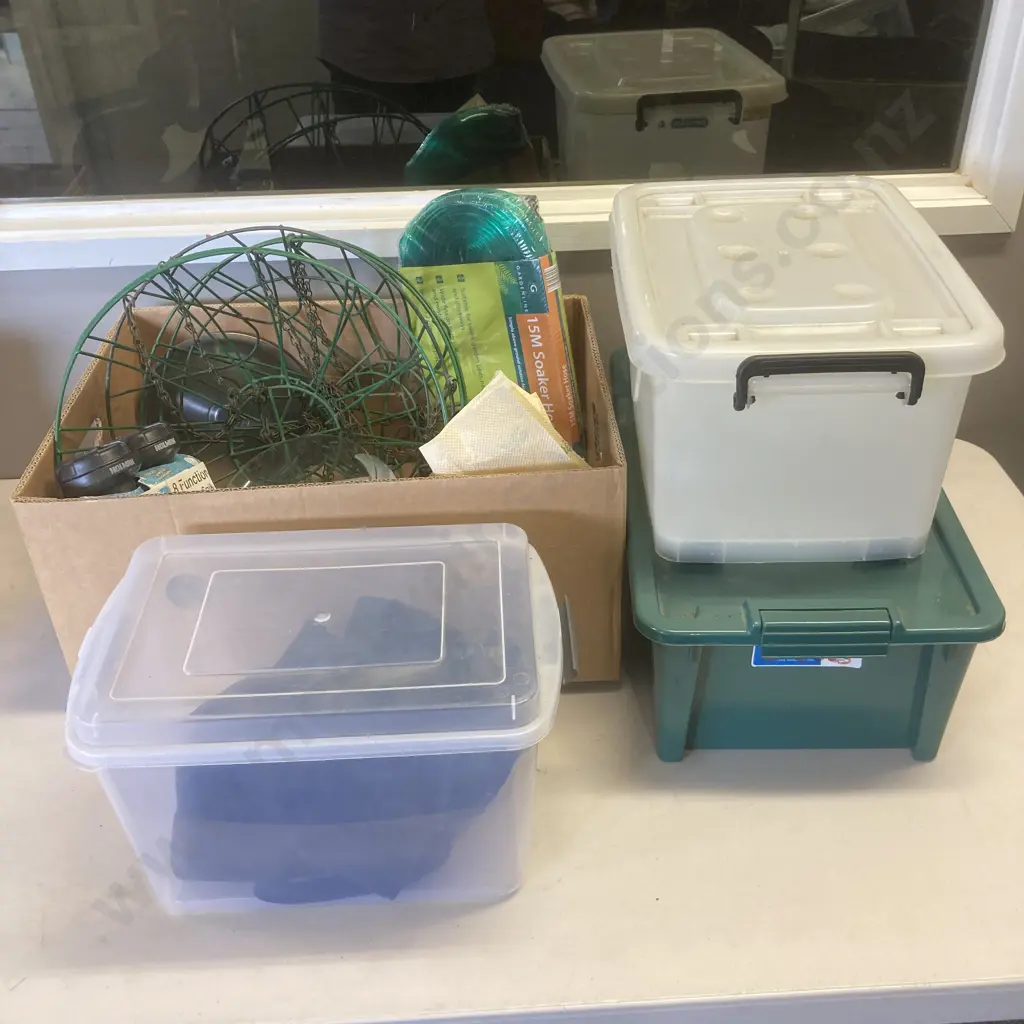 Box Lot - Scales, Gardening Stuff, 3 x Lidded Plastic Bins Image 1++